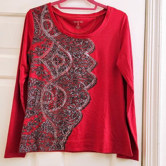 Sunset Rd M Red Black Lace Clear Sequins Design Top Blouse Long Sleeve sz M - Picture 3 of 11